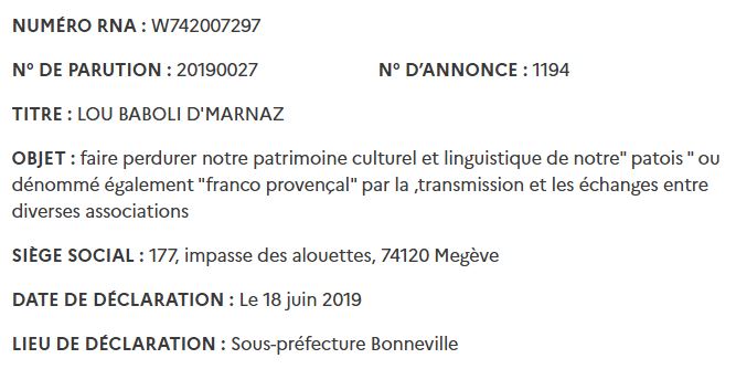 Statuts de Lou Baboli d'Marnaz au Journal Officiel