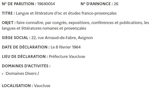 Statuts au Journal Officiel, Avignon, 1964