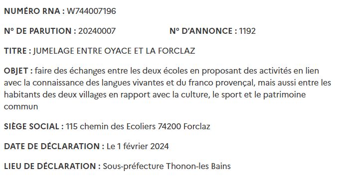 Statuts du jumelage Oyace–La Forclaz au Journal Officiel