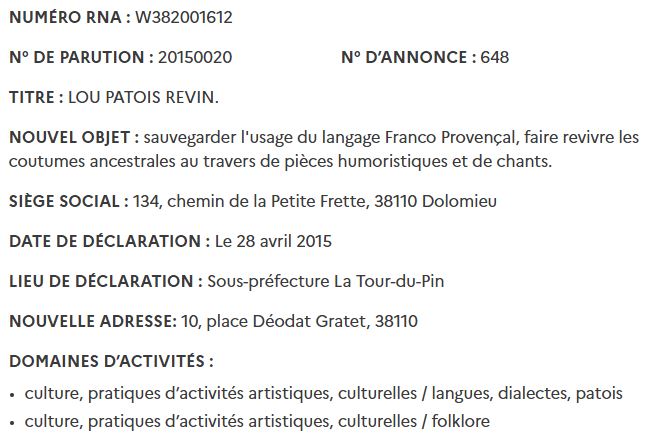 Statuts de Lou Patois Revin au Journal Officiel