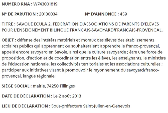 Statuts de Savoué Ecula 2 au Journal Officiel